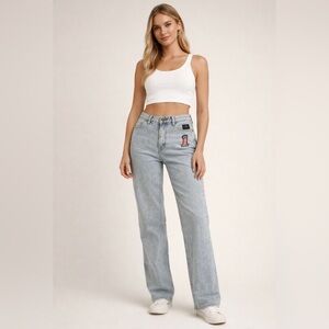 Vintage Harley Davidson 90’s #1 Patch Light Wash Blue Biker Y2K Jeans Size 14